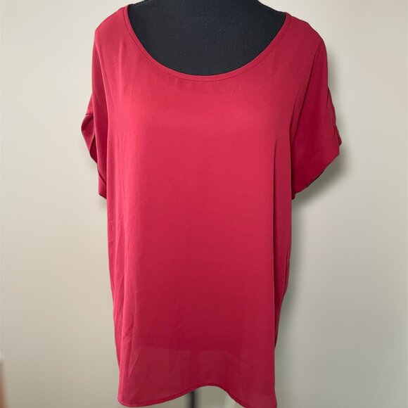 Pleione Women's Casual Designer Dark Red Short Sleeve Crew Neck Blouse - Picture 1 of 6